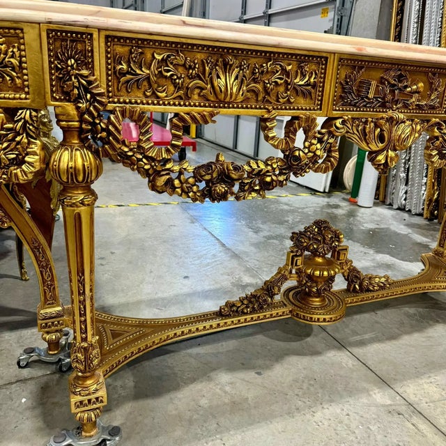 French Louis XVI Console Table – Marble Top With Elegant Gold Leaf Details For Sale - Image 9 of 11