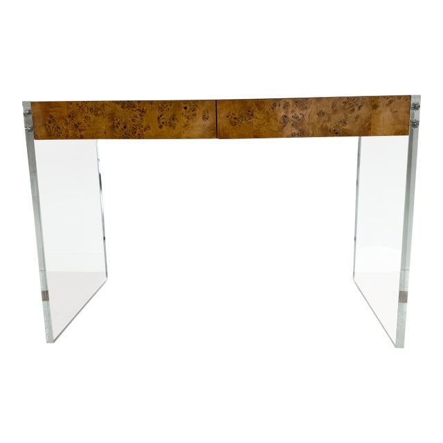 Minimalist Jonathan Adler "Bond" Desk in Burled Wood & Acrylic For Sale