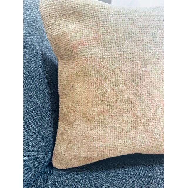 Vintage Turkish Rug Pillow Cover, Handwoven Wool Isparta Faded Abstract Cushion, Soft Ivory Peach Boho Pillow, 16x16 In For Sale - Image 12 of 12