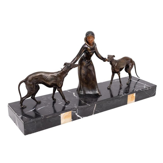 Gold Art Deco Sculpture of Woman with Greyhounds, France, 1930s For Sale - Image 8 of 18