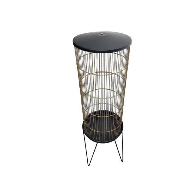 Mid century Modern Hendryx Style cylinder bird cage stand with hairpin legs in black atomic green. The center was...
