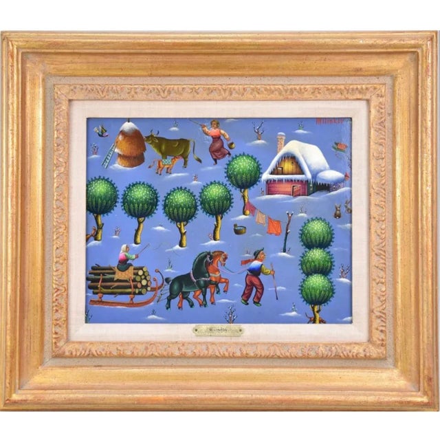 Ljubomir Milinkov, Folk Art Naive Oil Painting Ljubomir Milinkov Whimsical Pastoral Farm Landscape For Sale - Image 12 of 18