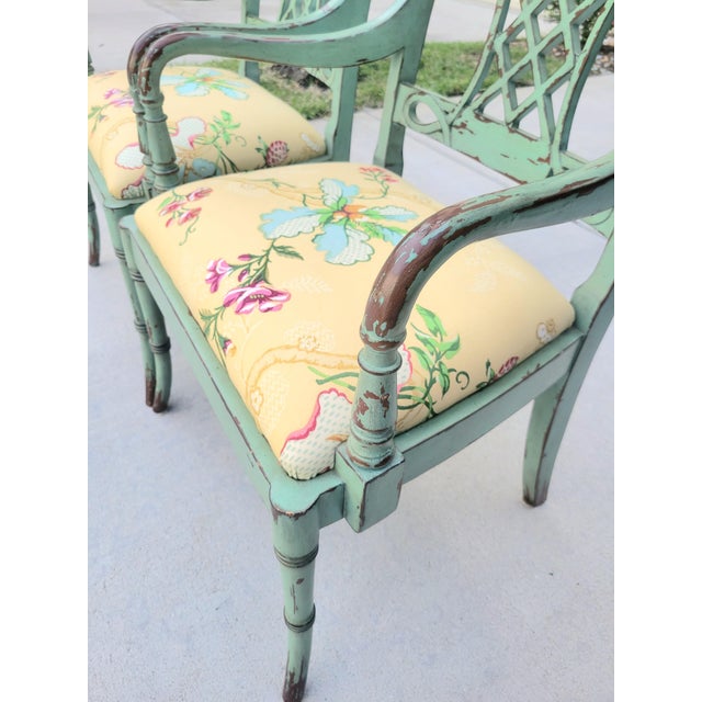 Wood Vintage Distressed Green Brown Fretwork Upholstered Brunschwig Fils Yellow Floral Side Chairs- A Pair For Sale - Image 7 of 15