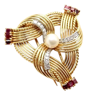 Vintage Cartier Yellow Gold Diamond Ruby Pearl Pin Brooch 1960s