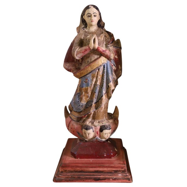Antique Italian Polychrome Santos Figure in Red & Gold Reliquary.