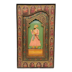 1970s Hand-Painted Indian Mughal-Style Portrait Panel on Wood