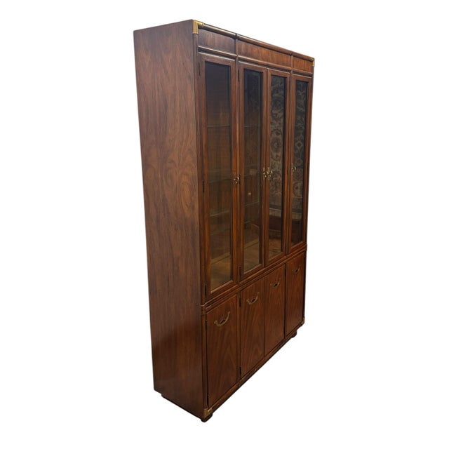 Vintage Drexel Heritage Accolade II Collection Campaign Style Walnut China / Display Cabinet For Sale - Image 9 of 12