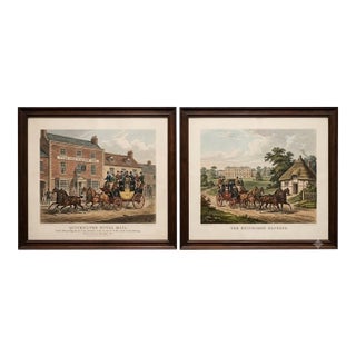 Antique 1835 Coaching Prints: 21.5"x18.5" Quicksilver & Edinburgh Express Pair For Sale