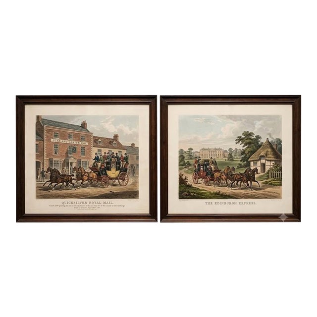 Antique 1835 Coaching Prints: 21.5"x18.5" Quicksilver & Edinburgh Express Pair For Sale
