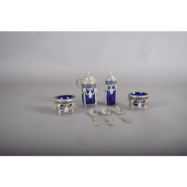 Antique Silver-Mounted Cobalt Blue Glass Condiment Set, 1900, Set of 7 For Sale - Image 16 of 18