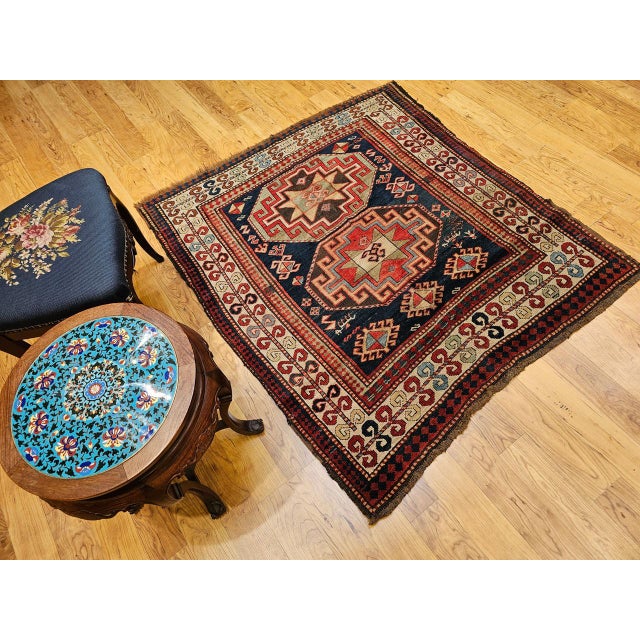 Antique Caucasian Kazak Area Rug, Hand-Knotted Wool, Geometric Medallion Pattern, 5x5 For Sale - Image 10 of 18