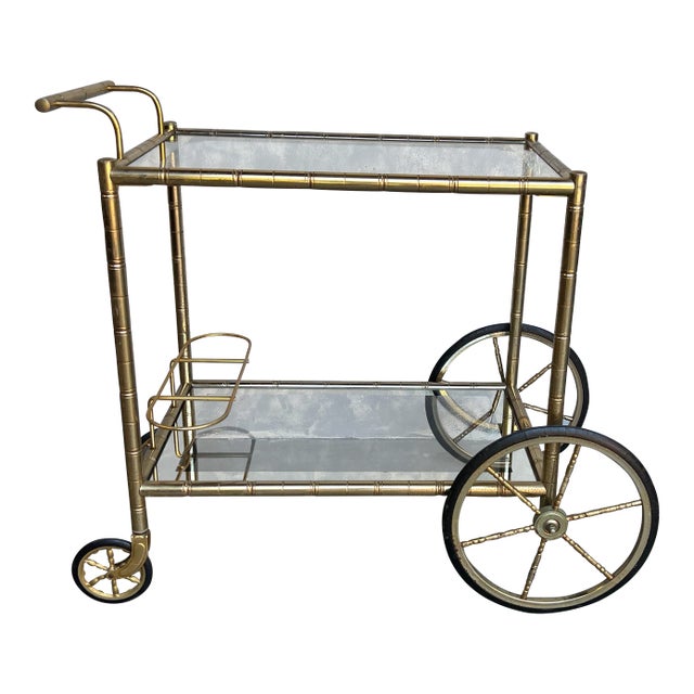 French Mid Century Modern Brass Bar Cart For Sale