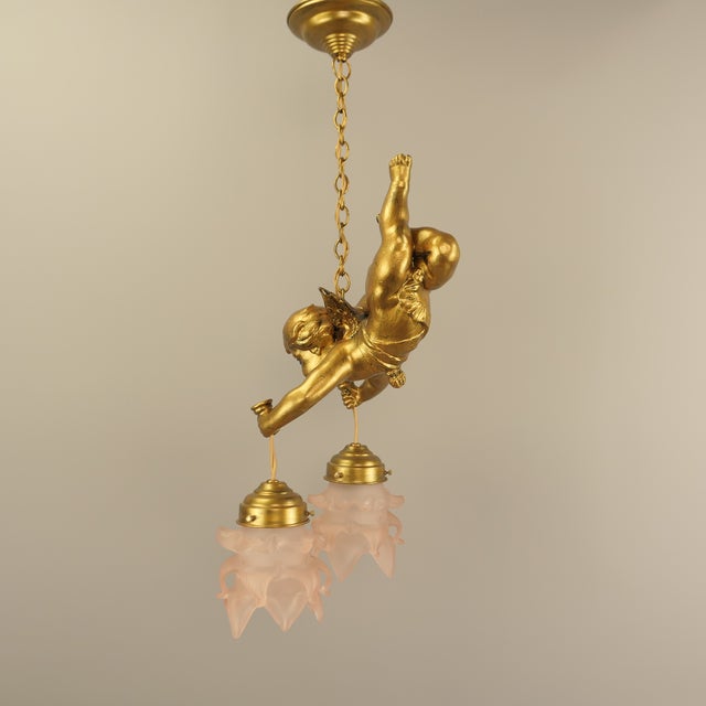 Gilded Metal Angel Figure Ceiling Light, 1910s For Sale - Image 11 of 11