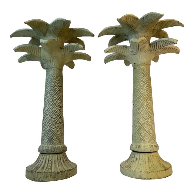 1980s Coastal Regency Palm Tree Cast Iron Outdoor Candleholders - A Pair. For Sale