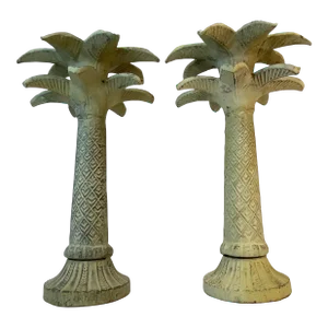 1980s Coastal Regency Palm Tree Cast Iron Outdoor Candleholders - A Pair.