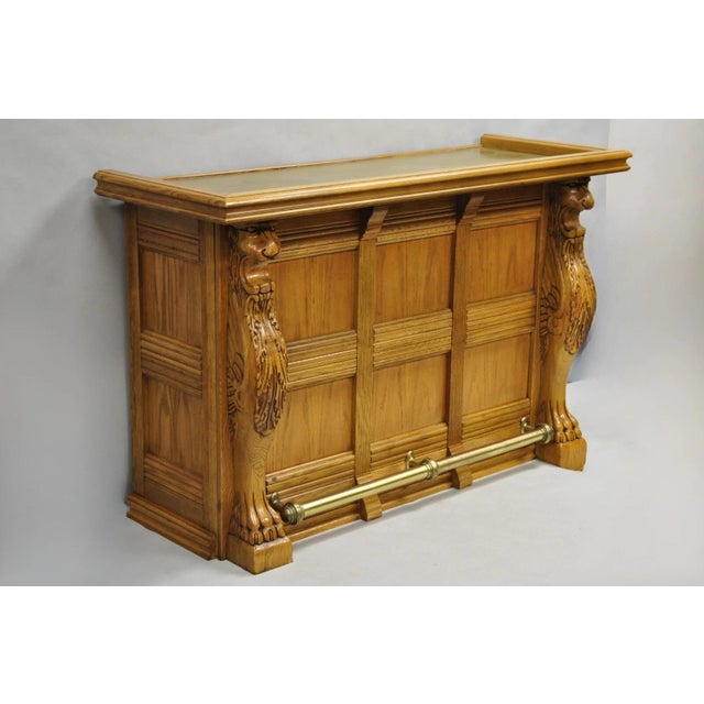 Victorian Late 20th Century Pulaski Keepsake Collection Oak Wood Bar With Griffins and 2 Swivel Bar Stools - Set of 3 For Sale - Image 3 of 12