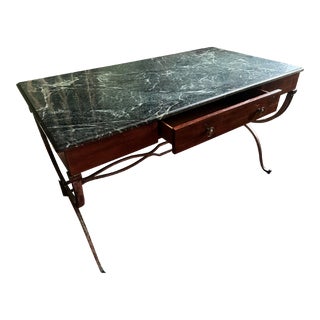 1990s Maitland Smith Marble and Iron Trestle Campaign Desk Table For Sale