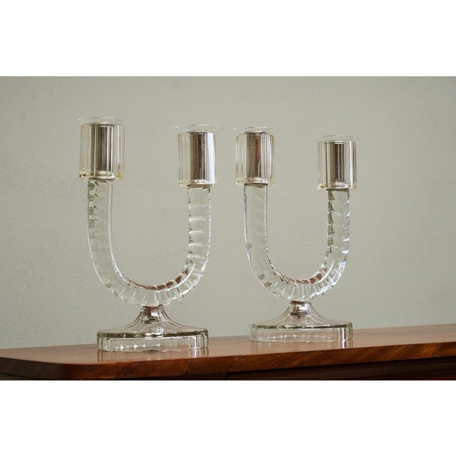 A stunning pair of large crystal art deco candle holders. Europe, most probably France, 1930s. These rare candle holders...