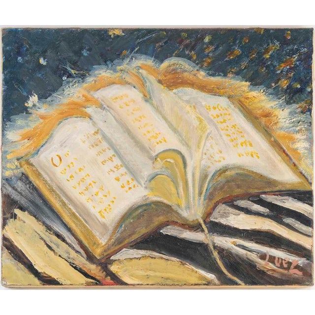 This oil on canvas by Evelyne Luez is a profound and symbolic artwork from the twentieth century, depicting an open Torah...