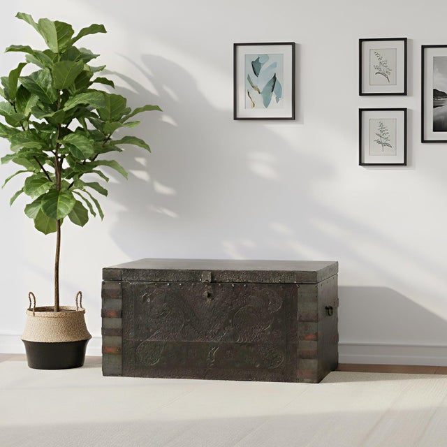 Gray Vintage Wooden Rustic Chest With Hammered Metal Cladding For Sale - Image 8 of 8