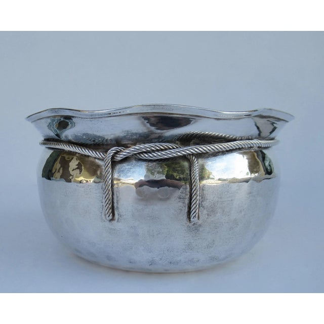 Vintage Mid-Century "Made in India" Hammered Silverplate Tassel Roped Cachepot/Decorative Center Bowl For Sale In West Palm - Image 6 of 13