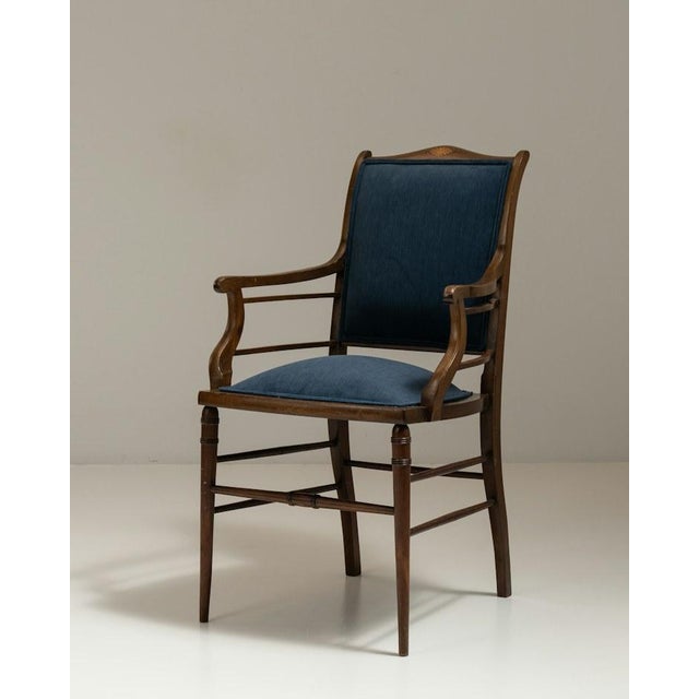 19th Century English Dark Wood Armchair With Navy Upholstery, Sunburst Inlay and Turned Legs For Sale - Image 14 of 16