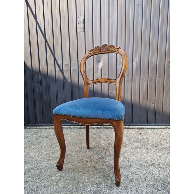 Louis Philippe Chairs in Walnut and Blue Velvet, 1950s, Set of 5 For Sale - Image 11 of 15