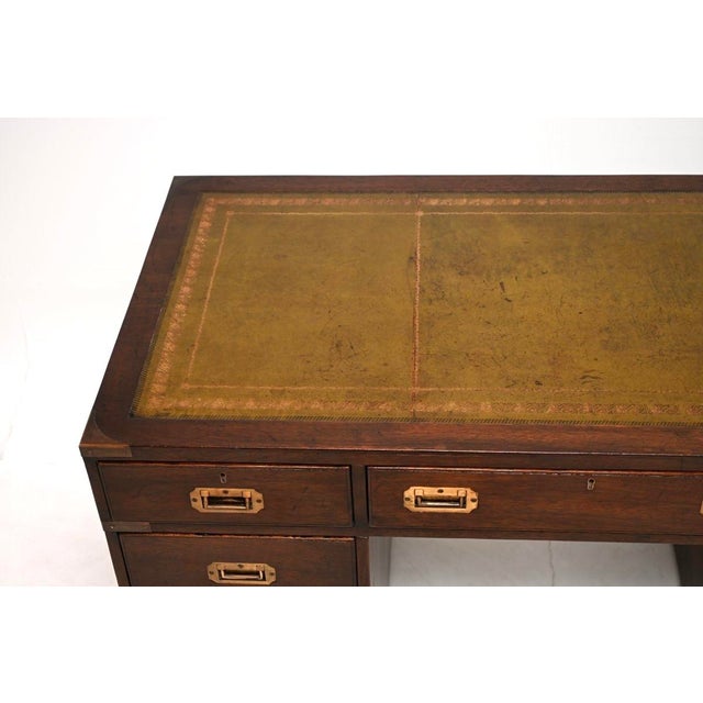 1930s Military Campaign Leather Top Pedestal Desk, 1930 For Sale - Image 5 of 10