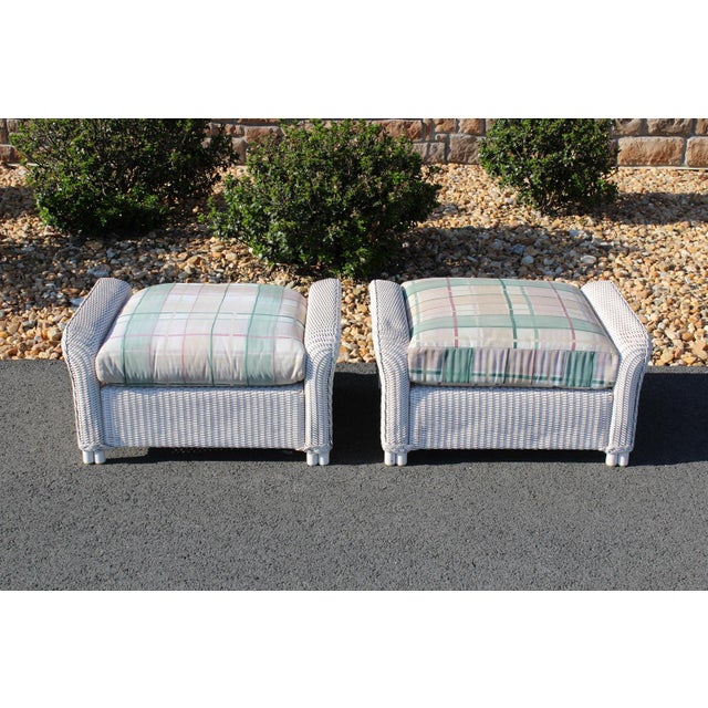 Lloyd Loom White Wicker Ottomans With Green Plaid Cushions—A Pair For Sale - Image 18 of 18