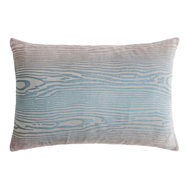 Kevin O'Brien Woodgrain Faux Bois Robin's Egg Mini Cut Velvet Pillow For Sale
