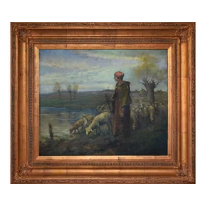 Antique Continental European Pastoral Landscape Oil Painting With a Shepherdess and Sheep