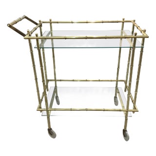 Vintage Chinoiserie Faux Bamboo Brass Rolling Bar Cart For Sale