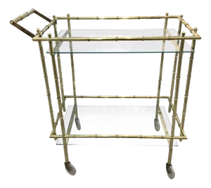 Vintage Chinoiserie Faux Bamboo Brass Rolling Bar Cart