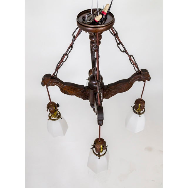 Early 20th Century Early 20th Century Carved Wood Parrots Chandelier With Hanging Glass Shaded Lights For Sale - Image 5 of 13