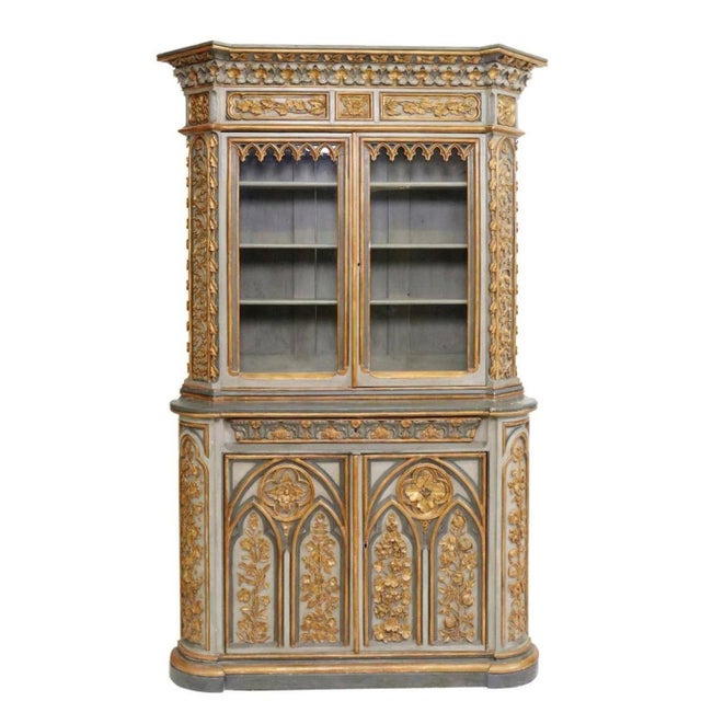 Monumental 19th Century Gothic Revival Carved Painted Gilded Wood Glass Door Two-Piece Hutch Buffet China Cabinet For Sale - Image 9 of 9
