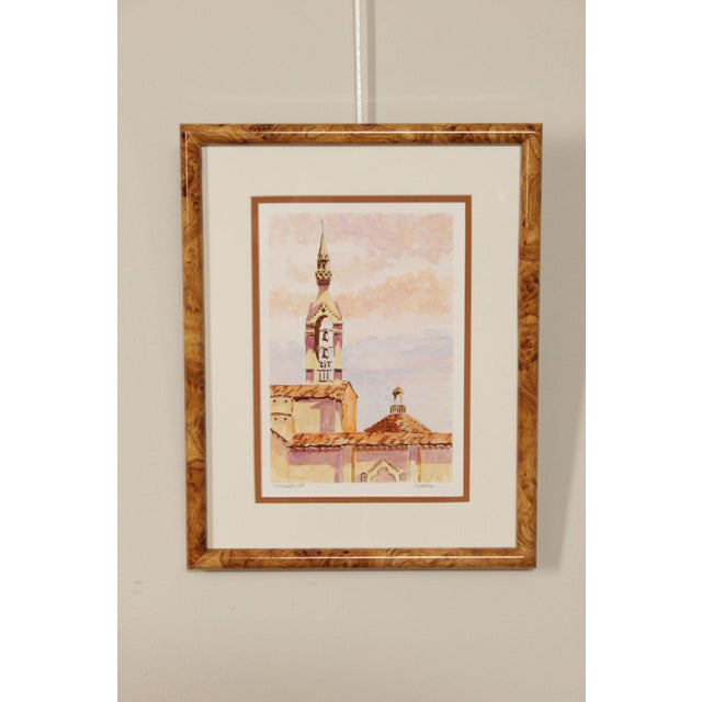 Quality Custom Framed Original Watercolor Painting by Lorenzo Castaneda (American, B. 1940) of Italian Church Steeple