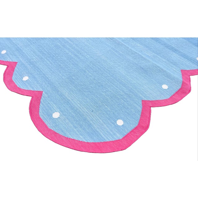Not Yet Made - Made To Order Handmade Cotton Area Four Sided Scalloped Rug Dhurrie Sky Blue and Pink Border-9'x12' For Sale - Image 5 of 10