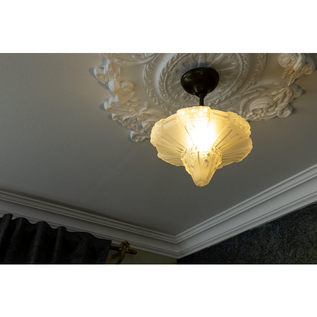 1930s Art Deco French Frosted White Glass and Brass Ceiling Light, 1930s For Sale - Image 5 of 18