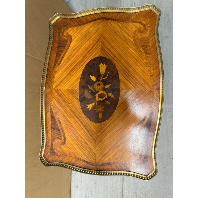 1960s A French Marquetry Inlaid Wood Side Table With Brass Gallery and Ormolu Mounts. For Sale - Image 4 of 6