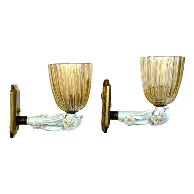 Pair Extraordinary Italian Barovier & Toso Murano Glass Floral Sconces, 1940s For Sale