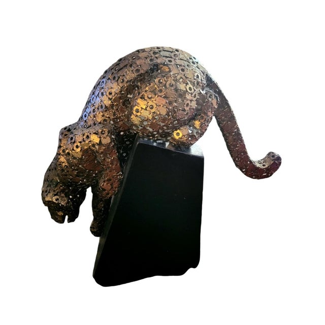 1990s Large Scale Geometric Metal Gold Patina Pouncing Leopard Sculpture on Black Plinth For Sale - Image 9 of 9