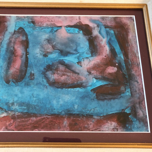 Original painting on paper unsigned 7 x 8.5 overall size with vintage frame with linen liner & burgundy mat is 12 x 14