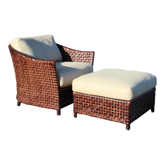 1990s McGuire Woven Leather Armchair and Ottoman From the Antalya Collection For Sale