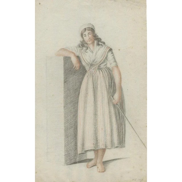 After Verburgh, Standing Woman with Staff, 1797, Chalk on Paper For Sale - Image 3 of 10