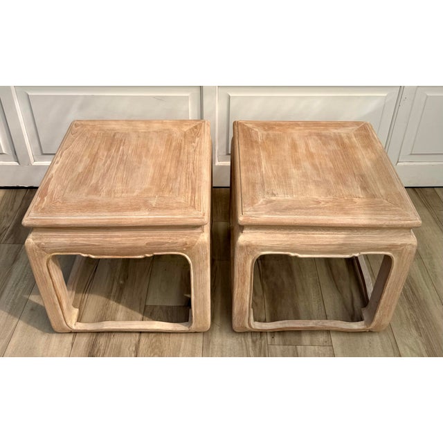 Tan Pair of Vintage Ming-Style Solid Wood Side Tables in Bleached Whitewash Finish For Sale - Image 8 of 12