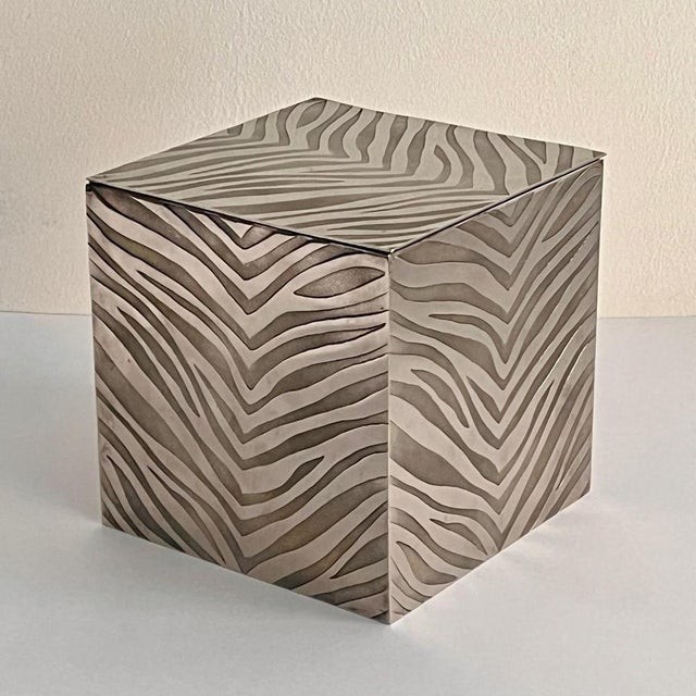 1970s Stainless Steel Cube Ice Bucket with Zebra Decoration by A. Gai, 1970s For Sale - Image 5 of 5