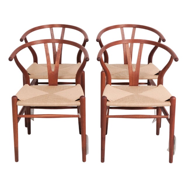 Model CH24 Wishbone Chairs in Mahogany and Wicker by Hans J. Wegner for Carl Hansen & Søn, 1990s, Set of 4 For Sale
