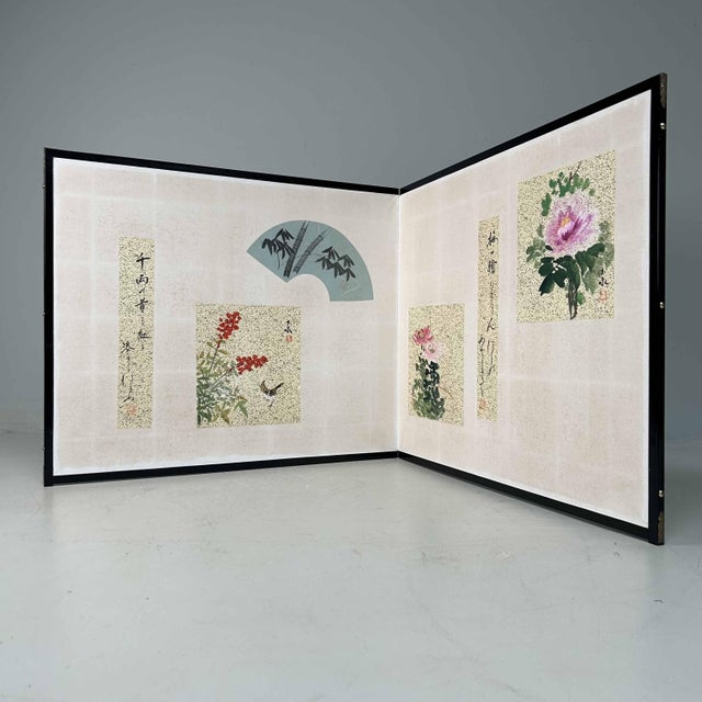 Byōbu 屏風, decorative Japanese folding screen adorned with hand-painted calligraphy and flowers. Dimensions unfolded:...
