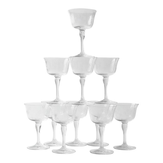 Mid 20th Century Mid Century Modern Sasaki Noritake Bamboo Etched Crystal Cordial Liqueur Dessert Glasses - Set of 11 For Sale