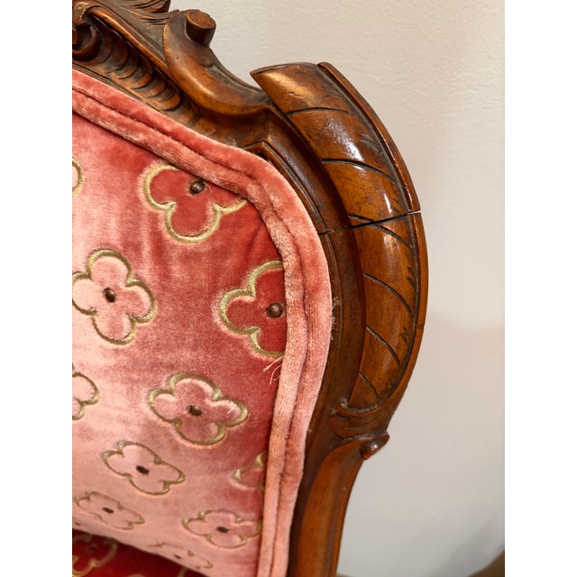 Red Antique French Louis XV Carved Chair in Coral Silk Velvet For Sale - Image 8 of 9